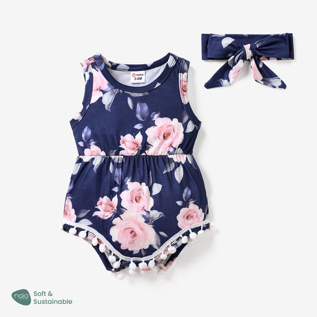 2pcs Baby Girl Floral Print Pom Poms Detail Sleeveless Naia™ Romper & Headband Set - MomYom PK