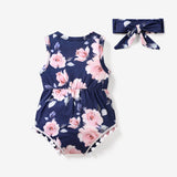 2pcs Baby Girl Floral Print Pom Poms Detail Sleeveless Naia™ Romper & Headband Set - MomYom PK