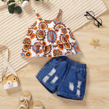 2pcs Baby Girl Geometry Pattern Ruffled Camisole and Ripped Denim Shorts Set - MomYom PK