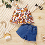 2pcs Baby Girl Geometry Pattern Ruffled Camisole and Ripped Denim Shorts Set - MomYom PK