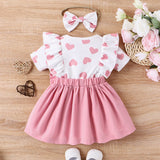 2pcs Baby Girl Heart Print Ruffled Short - sleeve Faux - two Bow Front Dress & Headband Set - MomYom PK