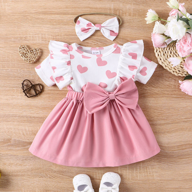 2pcs Baby Girl Heart Print Ruffled Short - sleeve Faux - two Bow Front Dress & Headband Set - MomYom PK