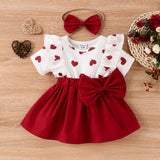 2pcs Baby Girl Heart Print Ruffled Short - sleeve Faux - two Bow Front Dress & Headband Set - MomYom PK