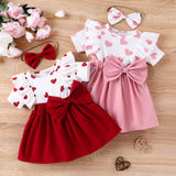 2pcs Baby Girl Heart Print Ruffled Short - sleeve Faux - two Bow Front Dress & Headband Set - MomYom PK