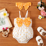 2pcs Baby Girl Polka Dots Print Bow Front Cami Romper & Headband Set - MomYom PK