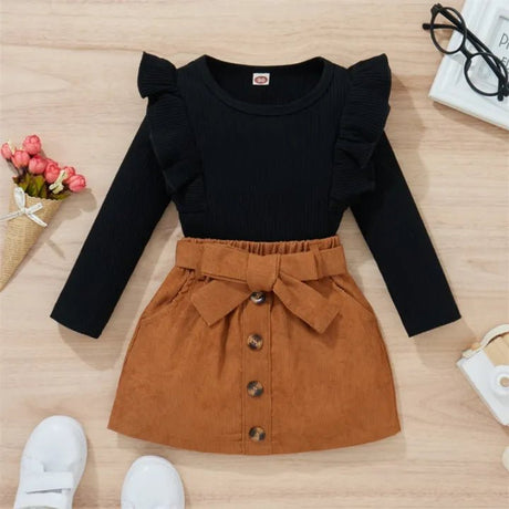 2pcs Baby Girl Rib Knit Ruffled Long - sleeve Top and Button Front Corduroy Skirt Set - MomYom PK