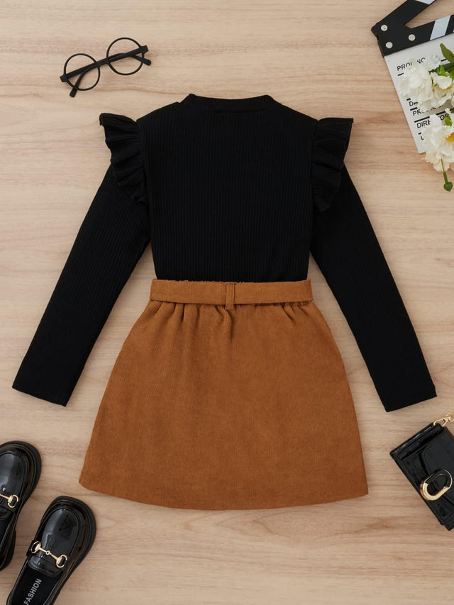 2pcs Baby Girl Rib Knit Ruffled Long - sleeve Top and Button Front Corduroy Skirt Set - MomYom PK