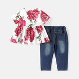 2pcs Baby Girl Short - sleeve Allover Floral Print Naia™ Top and Ripped Denim Jeans Set - MomYom PK