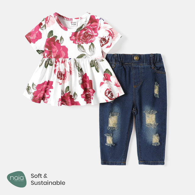 2pcs Baby Girl Short - sleeve Allover Floral Print Naia™ Top and Ripped Denim Jeans Set - MomYom PK