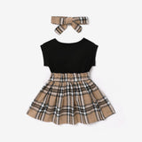 2pcs Baby Girl Short - sleeve Letter Print Spliced Plaid Dress & Headband Set - MomYom PK