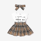 2pcs Baby Girl Short - sleeve Letter Print Spliced Plaid Dress & Headband Set - MomYom PK