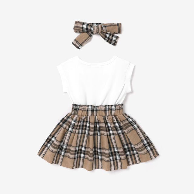 2pcs Baby Girl Short - sleeve Letter Print Spliced Plaid Dress & Headband Set - MomYom PK