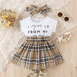 2pcs Baby Girl Short - sleeve Letter Print Spliced Plaid Dress & Headband Set - MomYom PK