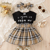 2pcs Baby Girl Short - sleeve Letter Print Spliced Plaid Dress & Headband Set - MomYom PK