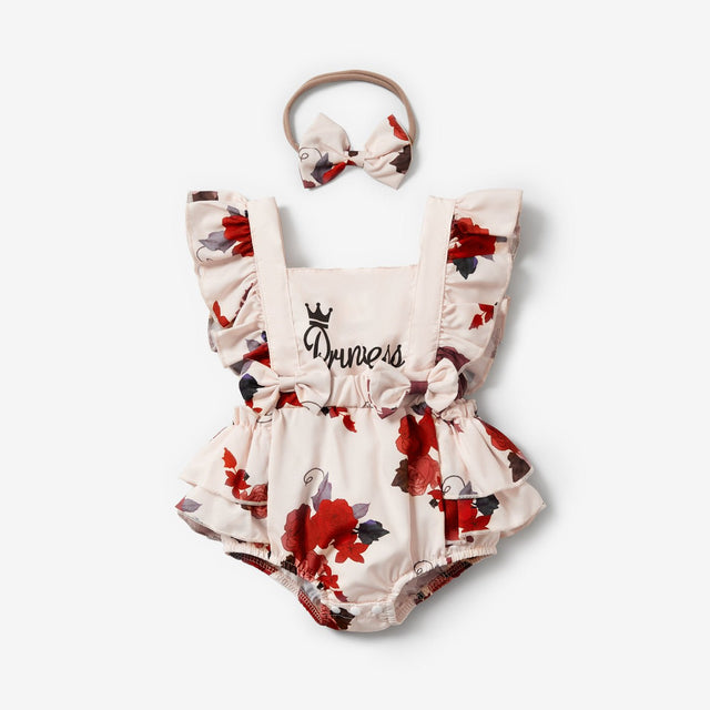 2pcs Baby Girl Sleeveless Ruffle Red Floral Letter Print Princess Romper with Headband Set - MomYom PK