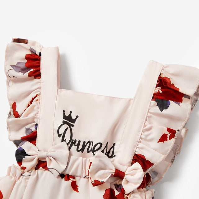 2pcs Baby Girl Sleeveless Ruffle Red Floral Letter Print Princess Romper with Headband Set - MomYom PK