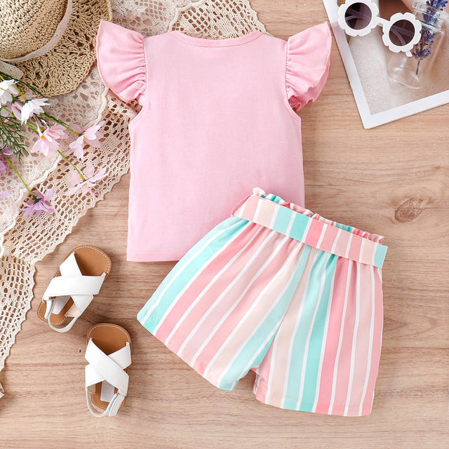 2pcs Baby Girl Solid 95% Cotton Flutter - sleeve Tee and Striped Belted Shorts Set - MomYom PK