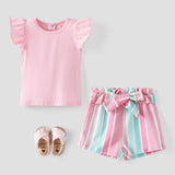 2pcs Baby Girl Solid 95% Cotton Flutter - sleeve Tee and Striped Belted Shorts Set - MomYom PK