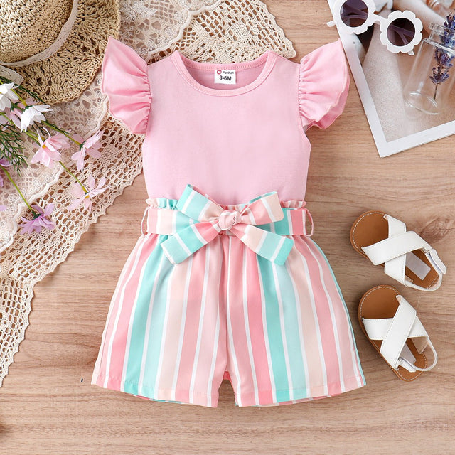 2pcs Baby Girl Solid 95% Cotton Flutter - sleeve Tee and Striped Belted Shorts Set - MomYom PK