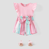 2pcs Baby Girl Solid 95% Cotton Flutter - sleeve Tee and Striped Belted Shorts Set - MomYom PK