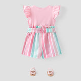 2pcs Baby Girl Solid 95% Cotton Flutter - sleeve Tee and Striped Belted Shorts Set - MomYom PK