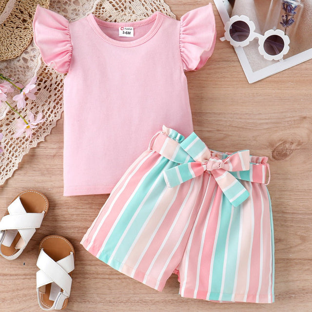 2pcs Baby Girl Solid 95% Cotton Flutter - sleeve Tee and Striped Belted Shorts Set - MomYom PK