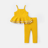 2pcs Baby Girl Solid Cotton Ribbed Layered Ruffle Hem Pom Poms Cami Top & Leggings Set - MomYom PK