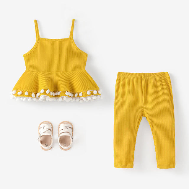 2pcs Baby Girl Solid Cotton Ribbed Layered Ruffle Hem Pom Poms Cami Top & Leggings Set - MomYom PK