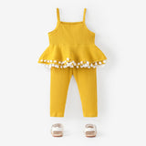 2pcs Baby Girl Solid Cotton Ribbed Layered Ruffle Hem Pom Poms Cami Top & Leggings Set - MomYom PK