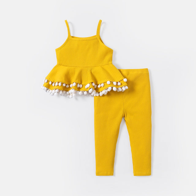 2pcs Baby Girl Solid Cotton Ribbed Layered Ruffle Hem Pom Poms Cami Top & Leggings Set - MomYom PK