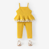 2pcs Baby Girl Solid Cotton Ribbed Layered Ruffle Hem Pom Poms Cami Top & Leggings Set - MomYom PK