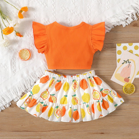 2pcs Baby Girl Solid Cotton Ribbed Ruffle - sleeve Twist Knot Crop Top and Allover Fruit Print Skirt Set - MomYom PK