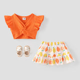 2pcs Baby Girl Solid Cotton Ribbed Ruffle - sleeve Twist Knot Crop Top and Allover Fruit Print Skirt Set - MomYom PK