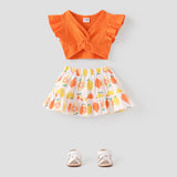 2pcs Baby Girl Solid Cotton Ribbed Ruffle - sleeve Twist Knot Crop Top and Allover Fruit Print Skirt Set - MomYom PK