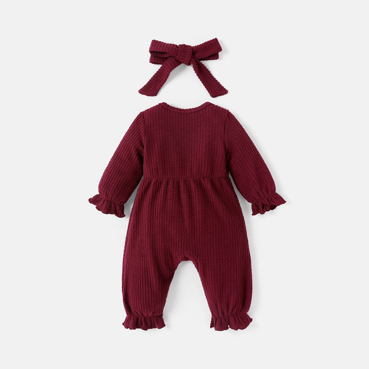 2pcs Baby Girl Solid Textured Bow Front Long - sleeve Jumpsuit & Headband Set - MomYom PK