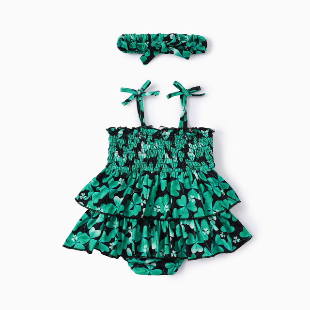 2pcs Baby Girl St. Patrick's Day Green Clover Print Ruffled Romper with Headband - MomYom PK