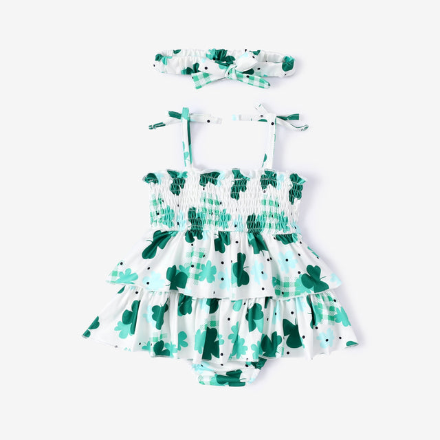 2pcs Baby Girl St. Patrick's Day Green Clover Print Ruffled Romper with Headband - MomYom PK