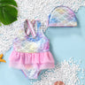 2pcs Baby Girl Sweet Animal Pattern Fabric Stitching Mermaidn Swimsuit and Hat Set - MomYom PK