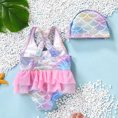 2pcs Baby Girl Sweet Animal Pattern Fabric Stitching Mermaidn Swimsuit and Hat Set - MomYom PK