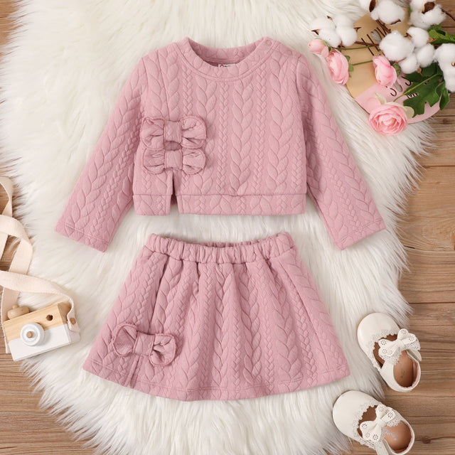 2PCS Baby Girl Sweet Bow Long Sleeve Skirt Set - MomYom PK