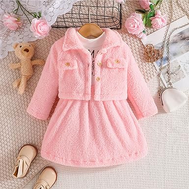 2pcs Baby Girl Thermal Fuzzy Jacket and Letter Print Long - sleeve Spliced Dress Set - MomYom PK