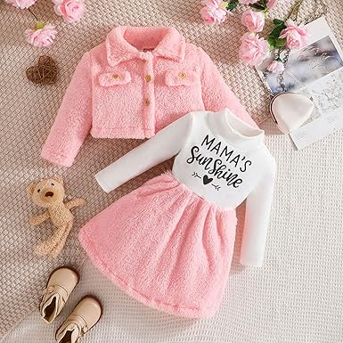 2pcs Baby Girl Thermal Fuzzy Jacket and Letter Print Long - sleeve Spliced Dress Set - MomYom PK