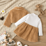 2pcs Baby Girl Thermal Fuzzy Jacket and Letter Print Long - sleeve Spliced Dress Set - MomYom PK