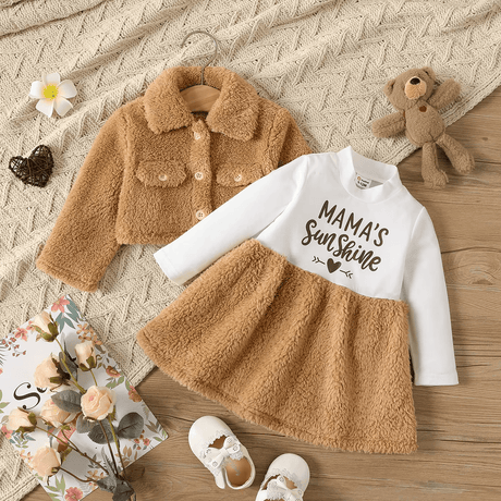 2pcs Baby Girl Thermal Fuzzy Jacket and Letter Print Long - sleeve Spliced Dress Set - MomYom PK