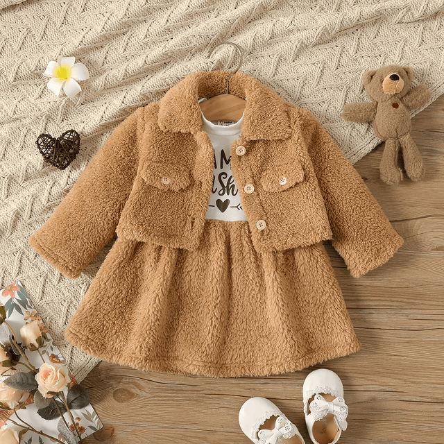 2pcs Baby Girl Thermal Fuzzy Jacket and Letter Print Long - sleeve Spliced Dress Set - MomYom PK