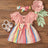 2pcs Baby Girl White Ribbed Splicing Striped Bowknot Frill Puff - sleeve Dress with Headband Set - MomYom PK