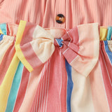 2pcs Baby Girl White Ribbed Splicing Striped Bowknot Frill Puff - sleeve Dress with Headband Set - MomYom PK