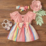 2pcs Baby Girl White Ribbed Splicing Striped Bowknot Frill Puff - sleeve Dress with Headband Set - MomYom PK