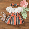 2pcs Baby Girl White Ribbed Splicing Striped Bowknot Frill Puff - sleeve Dress with Headband Set - MomYom PK