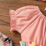 2pcs Baby Girl White Ribbed Splicing Striped Bowknot Frill Puff - sleeve Dress with Headband Set - MomYom PK